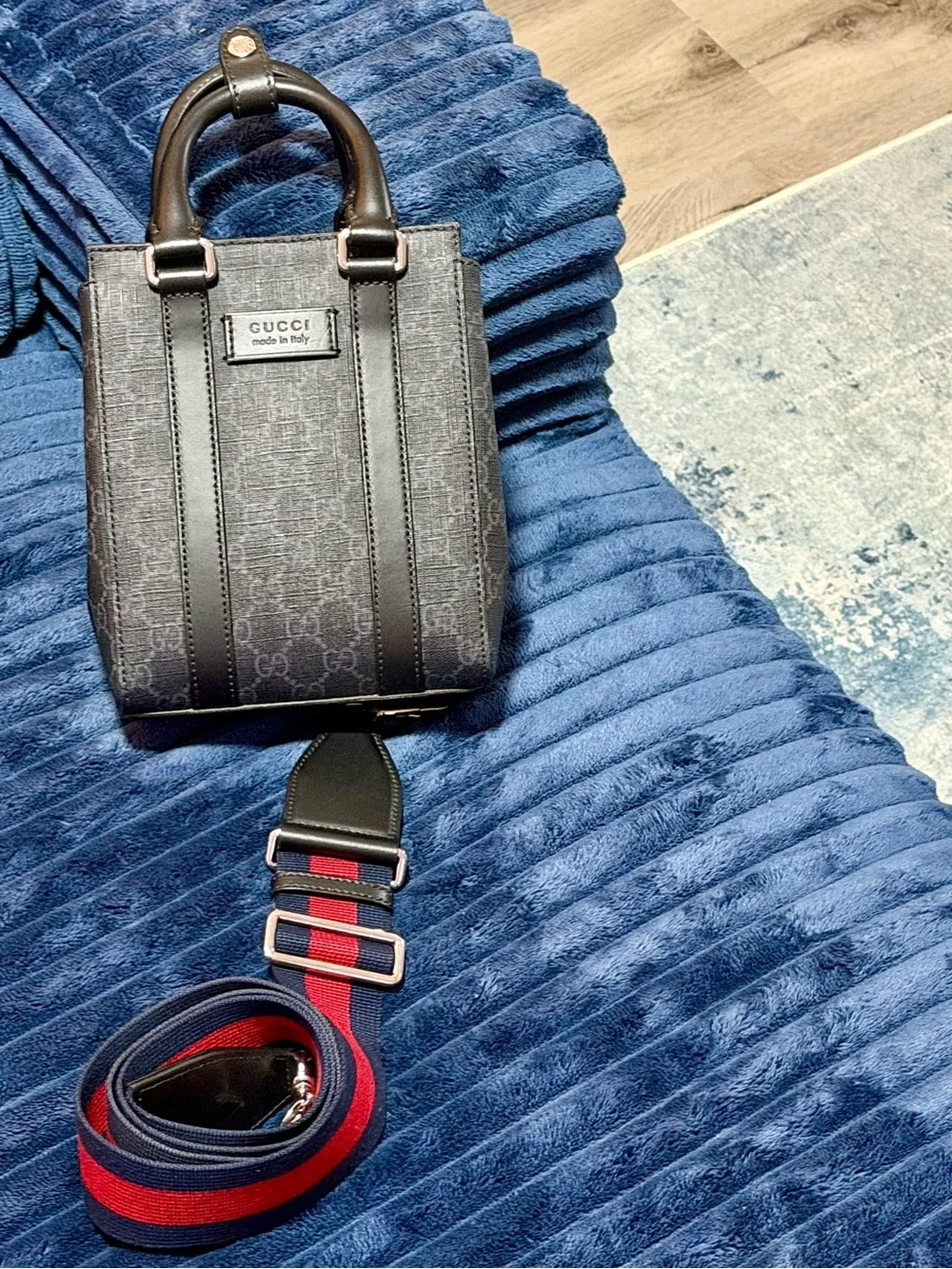 Authentic Gucci Black GG Supreme Monogram Web Mini Tote Bag Crossbody